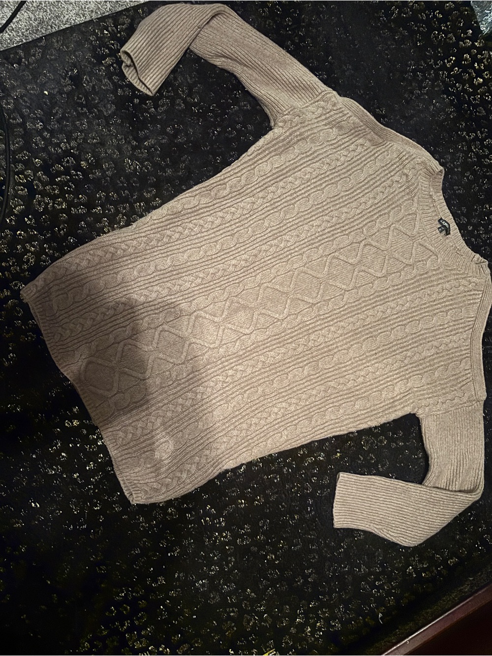 Express Beige Cable-Knit Crewneck Long Sweater Cut Out Shoulders